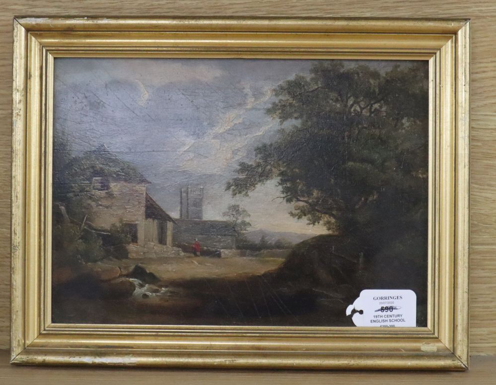 19th century English School, oil on panel, Landscape with house and church, 21.5 x 30.5cm